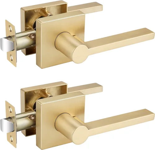 Miniatura 33 de EHOMEWARE Juego de manijas de puerta delantera doradas, palanca de puerta cuadrada resistente de latón y cerrojo de un solo cilindro reversible