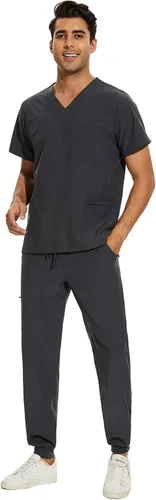 COZYFIT Conjunto de ropa quirúrgica para hombre camiseta elástica con cuello en V y pantalón deportivo con 8 bolsillos, cintura de yoga, ropa