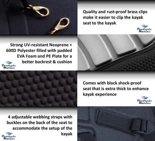 Miniatura 3 de Pactrade Marine Correas ajustables, color negro y gris, extra acolchado, asiento de kayak de lujo, bolsa de almacenamiento desmontable, respaldo