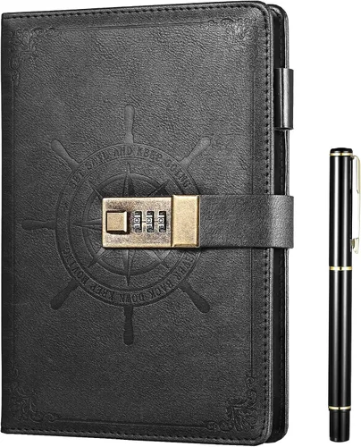 Kesote Diario Negro con Cerradura, Cuadernos de Diario con Cerradura de Cuero Sintético Rellenable, Planificador Organizador con Bolígrafo, A5