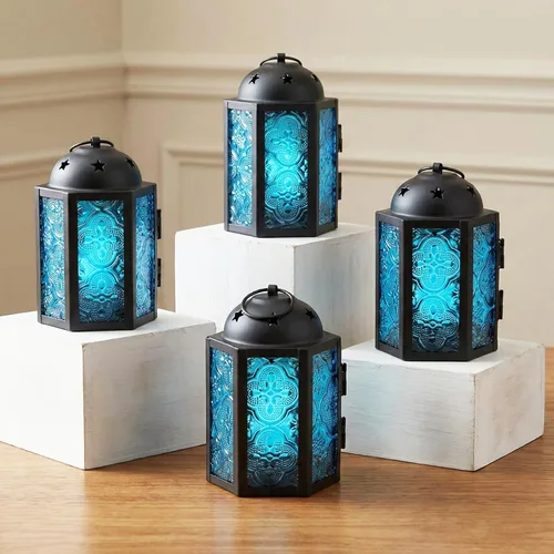 VELA LANTERNS - Juego de 4 linternas para velas tea light, estilo mini marroquí, de 4.25" de tamaño pequeño, decorativas para mesa o colgar, metal