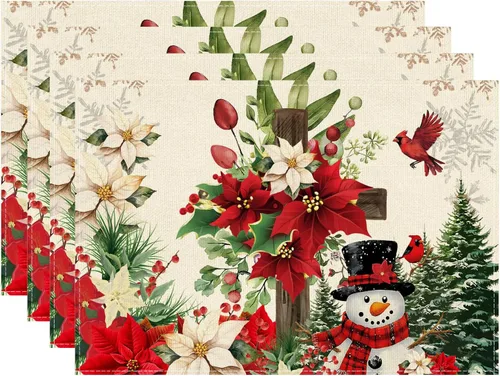 XCHI Juego de 4 manteles individuales de mesa de Navidad con diseño de muñeco de nieve y poinsettia, manteles de mesa de invierno para decoración de