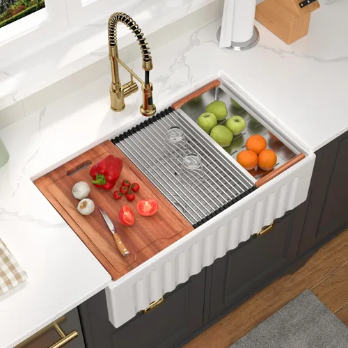 Miniatura 15 de Fregadero de 33 unidades de arcilla refractaria de 33 x 20 x 10 pulgadas, color blanco, fregadero de cocina de porcelana de cerámica, estilo casa