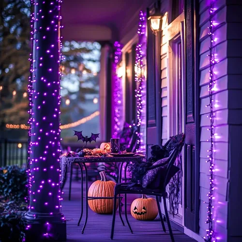 Miniatura 7 de JMEXSUSS Guirnalda de 250 luces LED de Navidad, 91.5 pies, luces de Navidad moradas impermeables para exteriores, 8 modos de iluminación, luz Púrpura
