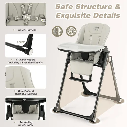 Miniatura 2 de BABY JOY Silla alta para bebés y niños pequeños, silla alta plegable con respaldo/reposapiés/altura del asiento, bandejas dobles extraíbles, cojín
