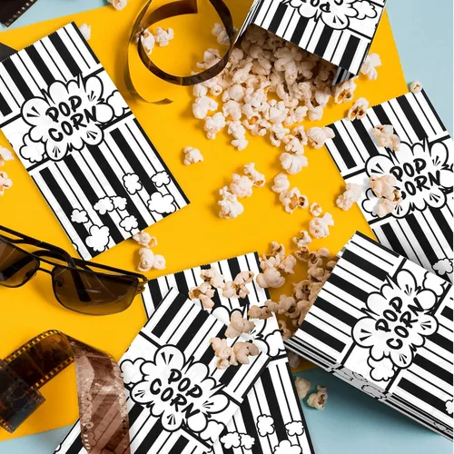 Miniatura 7 de Whaline 200 bolsas de papel para palomitas de maíz de noche de película, 2 onzas, rayas blancas y negras, contenedor de palomitas de maíz de fondo