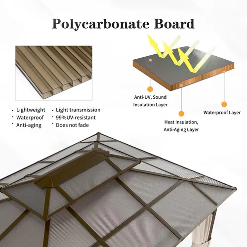 Miniatura 4 de YOLENY Cenador de techo duro de 10 x 13 pies, toldo de policarbonato para exteriores con techo doble, pabellón permanente de aluminio con cortinas