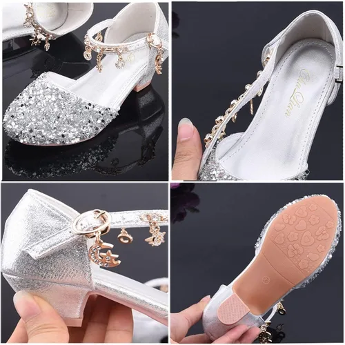 Miniatura 5 de ChuLian Zapatos de vestir para niñas pequeñas con lentejuelas con purpurina y tacones bajos de princesa, zapatos de vestir de princesa, zapatos