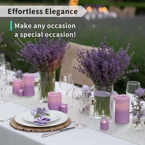 Miniatura 3 de FURORA LIGHTING Velas sin llama de cera real púrpura con control remoto y temporizador, 4 pilares y 4 votivas, paquete de 8, velas LED parpadeantes