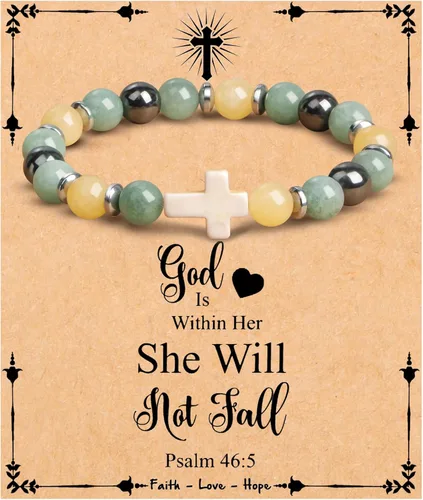 Miniatura 28 de JoycuFF Regalos Cristianos, Pulseras de Cruz para Mujeres, Joyería Cristiana Católica Religiosa de Fe de Pascua, Pulseras de Piedra Natural