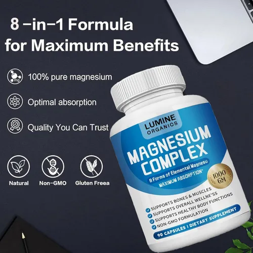 Miniatura 5 de Lumine Organics Suplemento Complejo de Magnesio 1000mg - Mezcla avanzada de magnesio 8 en 1 - glicinato, citrato, malato, taurato, etc. Fórmula