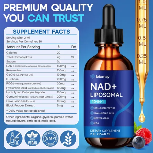 Miniatura 2 de Suplemento líquido liposomal NAD – 1500 mg NAD+ gotas para mujeres y hombres con resveratrol y ribósido de nicotinamida, PQQ, colágeno y cúrcuma