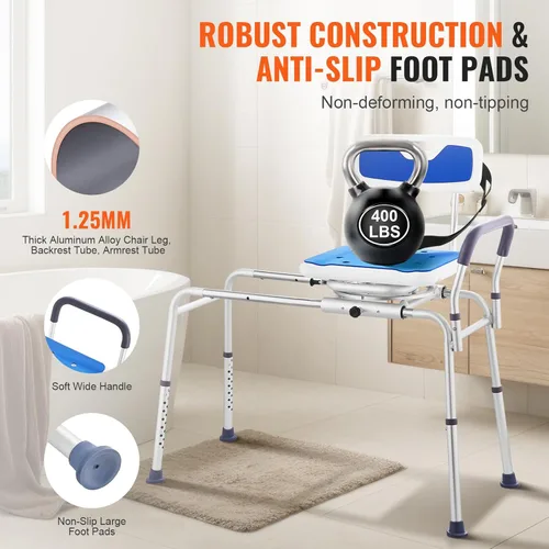 Miniatura 5 de VEVOR Banco de transferencia deslizante para bañera con asiento giratorio de 360 grados, banco de transferencia de bañera ajustable en altura