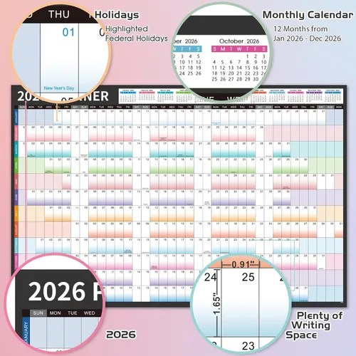Miniatura 3 de Calendario de Pared Anual 2026 - Calendario de Pared 2026, Ene.2026 - Dic.2026, Calendario Mensual de 12 Meses con Fechas Julianas, Varillas