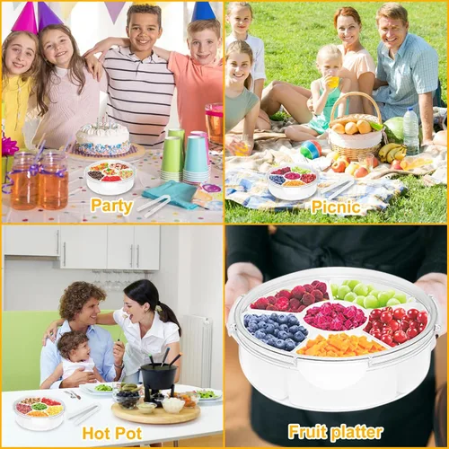 Miniatura 8 de Qivine Bandeja de verduras con tapa para refrigerador, bandeja portátil para verduras con tapa y inmersión, 6 compartimentos divididos bandeja