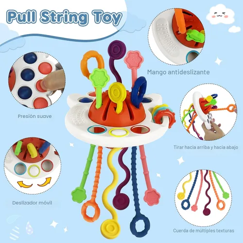 Miniatura 6 de Juguetes Montessori 6 en 1 para bebés de 6 a 12 meses — Juguete de cuerda de jalar, cubo sensorial, tazas apilables, caja de pañuelos, girador