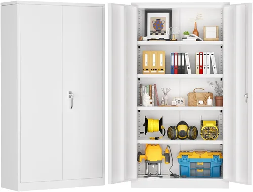 Miniatura 13 de Greenvelly Armario de almacenamiento de metal de 72 pulgadas de alto con 2 puertas y 4 estantes ajustables, gabinete de metal negro con cerradura