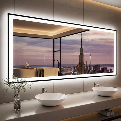 ISKM Espejo LED con marco para baño 88"x38", espejo de baño LED regulable con luces, antivaho, espejo iluminado frontal y retroiluminado, 3 colores,