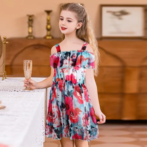 Miniatura 2 de Nutyomi Vestido de verano para niñas pequeñas para el regreso a la escuela, con tirantes de gasa, con volantes, elegante vestido de verano