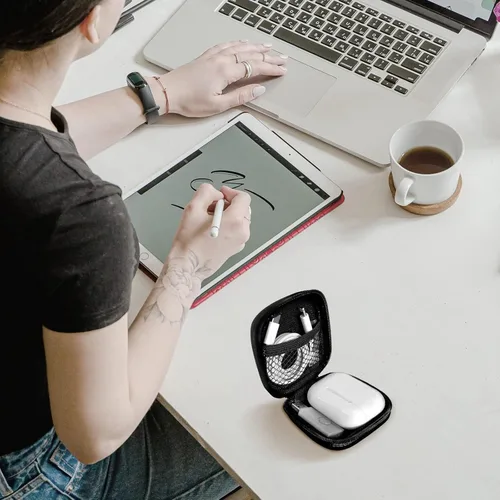 Miniatura 6 de Estuche cuadrado para auriculares, bolsa de almacenamiento portátil de EVA, organizador de accesorios para teléfono celular con mosquetón