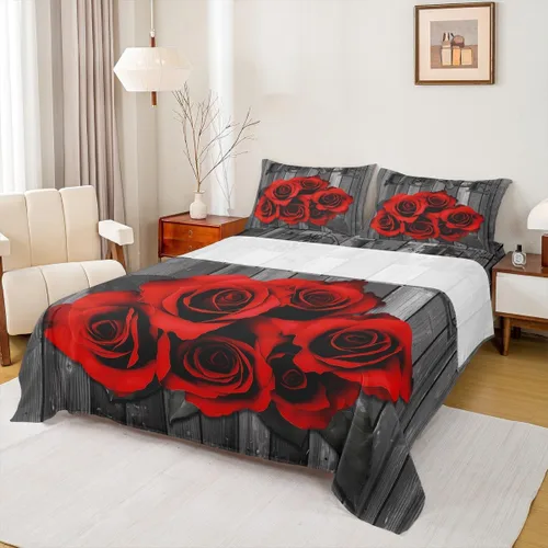 Erosebridal Juego de sábanas de rosas rojas, tamaño individual, color rojo y negro, para niñas, mujeres, hombres, parejas, romántico, floral,