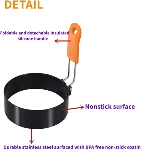Miniatura 3 de 2 anillos redondos de acero inoxidable antiadherentes de 3.5 pulgadas con mango de silicona naranja, anillos de huevo para freír huevos, anillos