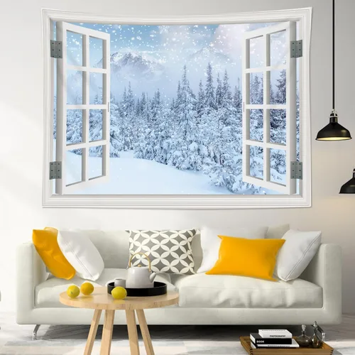 Miniatura 13 de LB Tapiz de Navidad de invierno, ventana de invierno exterior, pino nevado en bosque, tapiz de pared para dormitorio, paisaje de montaña, arte