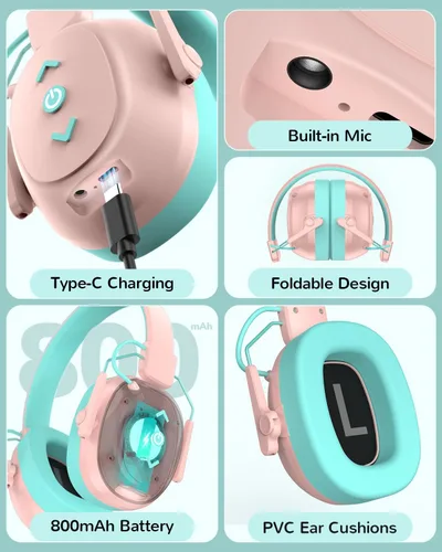 Miniatura 8 de Auriculares con cancelación de ruido para niños, protección auditiva a prueba de sonido, reducción de ruido SNR de 29 dB, orejera Bluetooth 6.0