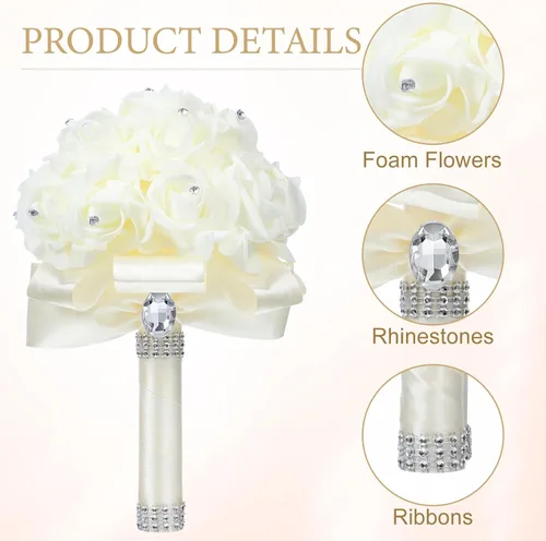 Miniatura 5 de Jutom Paquete de 10 ramos de boda para novia, rosas de dama de honor, ramo de novia, ramo de flores de boda con cintas suaves de diamante para Crema
