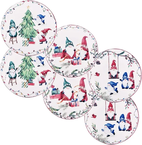 Bico - Juego de 6 platos de aperitivo de gnomos navideños, 6 pulgadas, pequeños platos de postre de cerámica para bocadillos, ensalada, decoración
