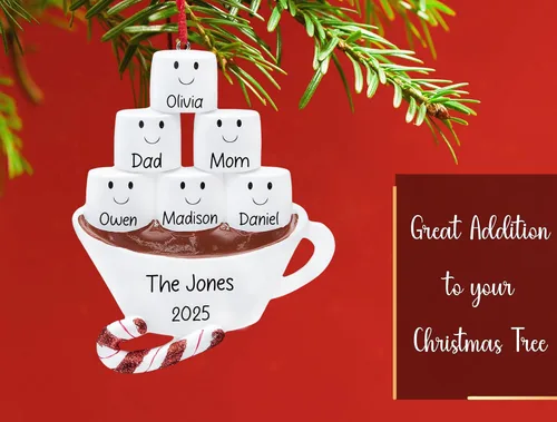 Miniatura 5 de Adorno de Navidad personalizado de la familia de 6 de chocolate caliente 2026 Malvaviscos personalizados en taza de cacao con bastón de caramelo