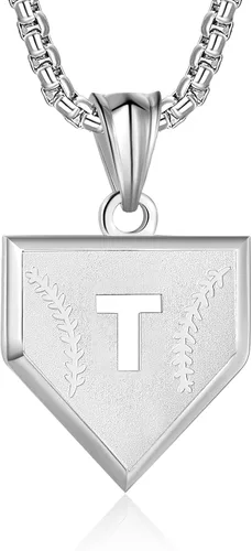 Miniatura 59 de Collar con inicial de la A a la Z para niños, de acero inoxidable, con dije de escudo de letra, cadena de 22 + 2 pulgadas, inspirador de béisbol