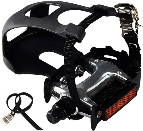 YBEKI Pedales de bicicleta de spinning de grado profesional con clips para los dedos y correas ajustables 4D - Eje de aleación de 9/16" para