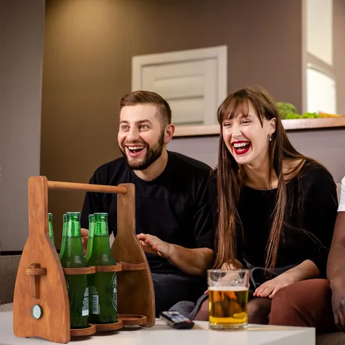 Miniatura 6 de Carrito de cerveza de madera para 6 botellas, soporte plegable para bebidas, regalos para amantes de la cerveza para hombres, él, papá, paquete