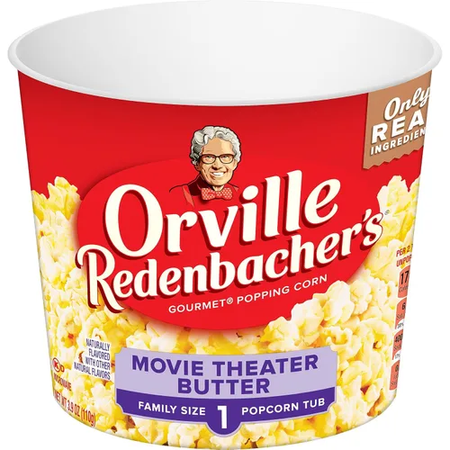 Orville Redenbacher's Palomitas de maíz para microondas + tina, sabor a mantequilla de cine, 0.07 oz de fibra por porción, 3.9 oz.