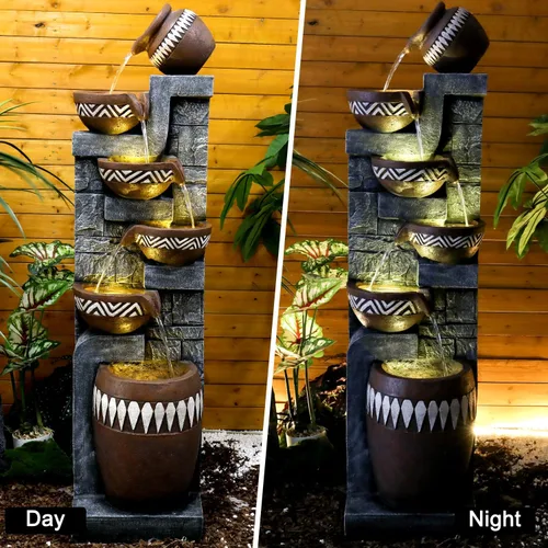 Miniatura 3 de Fuente de agua para exteriores de 6 niveles de 56.6 pulgadas de alto con luces LED, tarros en cascada con diseño inspirado en tribales para jardín