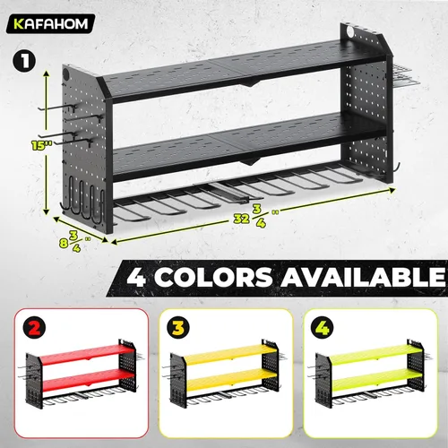 Miniatura 6 de KAFAHOM Organizador de herramientas eléctricas, soporte de pared grande para 8 taladros con 2 tableros de clavijas laterales, estante de Verde