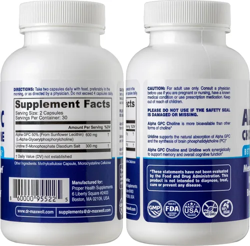 Miniatura 2 de Alpha GPC 600 mg + Uridina, un potenciador de colina. Mejor que Alpha-GPC o Uridina Alone. La mejor colina Alpha GPC: 2 en 1, sin soja, sin