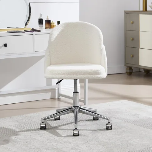 Miniatura 2 de Silla de escritorio de piel sintética, cómoda silla de maquillaje de felpa, moderna silla giratoria tapizada esponjosa con ruedas, base de metal