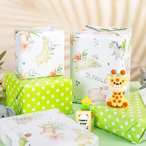 Miniatura 5 de Burymento Papel de regalo de animales, diseño reversible de lunares, envoltura de regalo para baby shower, cumpleaños, San Valentín, día
