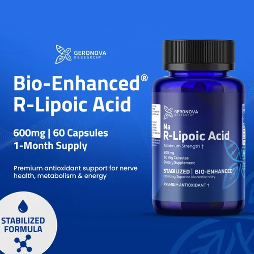 Miniatura 3 de Geronova Research Ácido R-lipoico Bio-Mejorado, dosis de 600 mg - Suministro de 1 mes - Ácido alfa lipoico R estabilizado con absorción mejorada