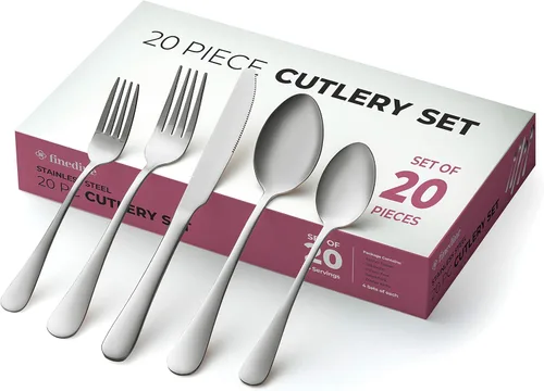 FineDine Juego de cubiertos de acero inoxidable de 20 piezas, juego de utensilios de cocina para 4, juego de cubiertos incluye cucharas, tenedores y