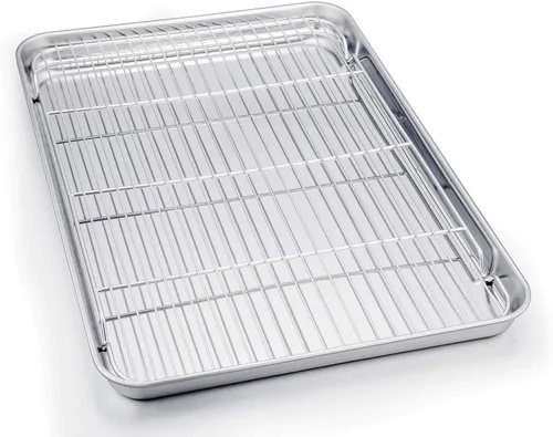 Miniatura 11 de TeamFar Juego de bandeja y rejilla para horno tostador, 9.3'' x 7'' x 1'', bandeja para horno tostador de acero inoxidable bandeja para asar,