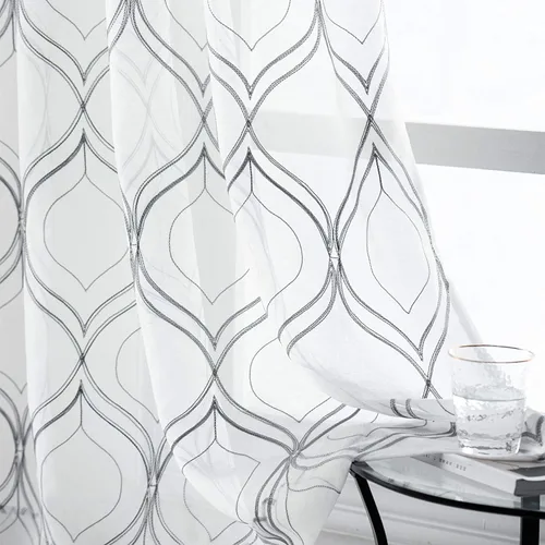 Miniatura 52 de VISIONTEX Cortinas traslúcidas blancas de 63 pulgadas de largo, juego de 2 paneles de bordado marroquí con puntos beige, tela de gasa bordada