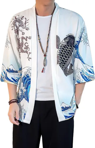 Miniatura 26 de PRIJOUHE Chaqueta Kimono Ligera para Hombre de Manga Tres Cuartos con Frente Abierto Cárdigan Estilo Japonés