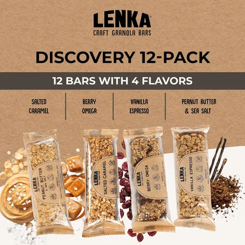 Miniatura 3 de Lenka Discovery - Paquete de 12 bocadillos de granola con alto contenido de fibra, caramelo salado, bayas omega, vainilla expreso, mantequilla