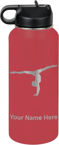 Miniatura 35 de LaserGram Botella de agua personalizada, gimnasta niña, acero inoxidable de doble pared aislada al vacío con popote superior, regalo grabado Azul