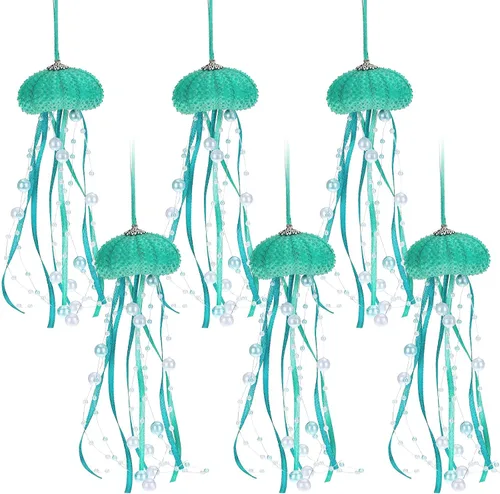 Miniatura 12 de Namalu 6 piezas de adorno de Navidad de erizo de mar y medusa con cuentas costeras, decoración festiva de playa con temática de océano, adorno Azul