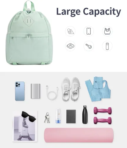 Miniatura 4 de WANDF Mochila con cordón para mujer, bolsa de gimnasio con correa para esterilla de yoga, resistente al agua, con bolsillo de malla, Verde
