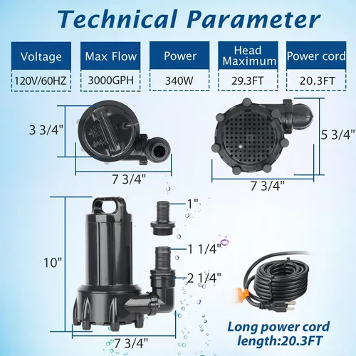 Miniatura 6 de WaterRebirth (PB3000, 3000 GPH) Bomba de agua sumergible de alto flujo - Bomba de agua para el hogar/en línea - Bomba sumergible - Bomba
